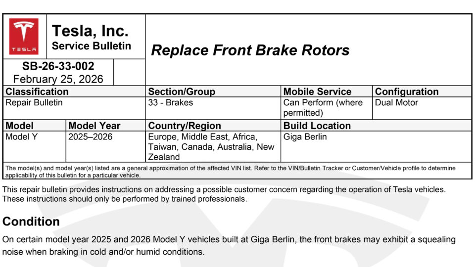 Tesla Repair Bulletin SB 26-33-002